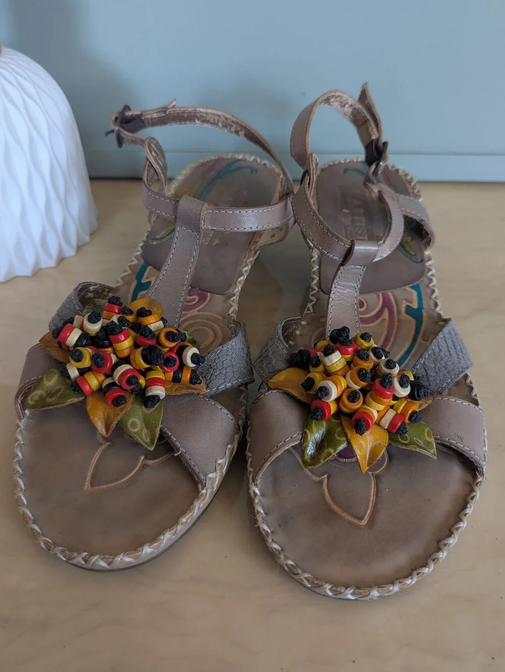 Taupe Floral Beaded Women’s Sandals with Ankle Strap